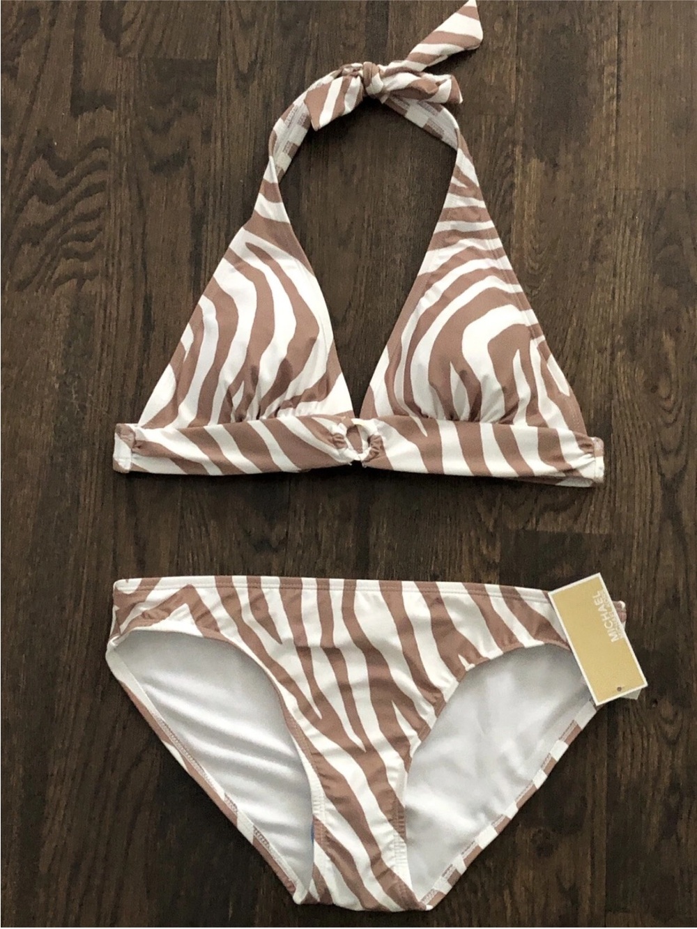 Michael Kors Brown and White Zebra-Print Halter Bikini Top and Bottom